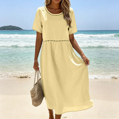 Vestido largo mujer algodón poliéster perforado verano casual