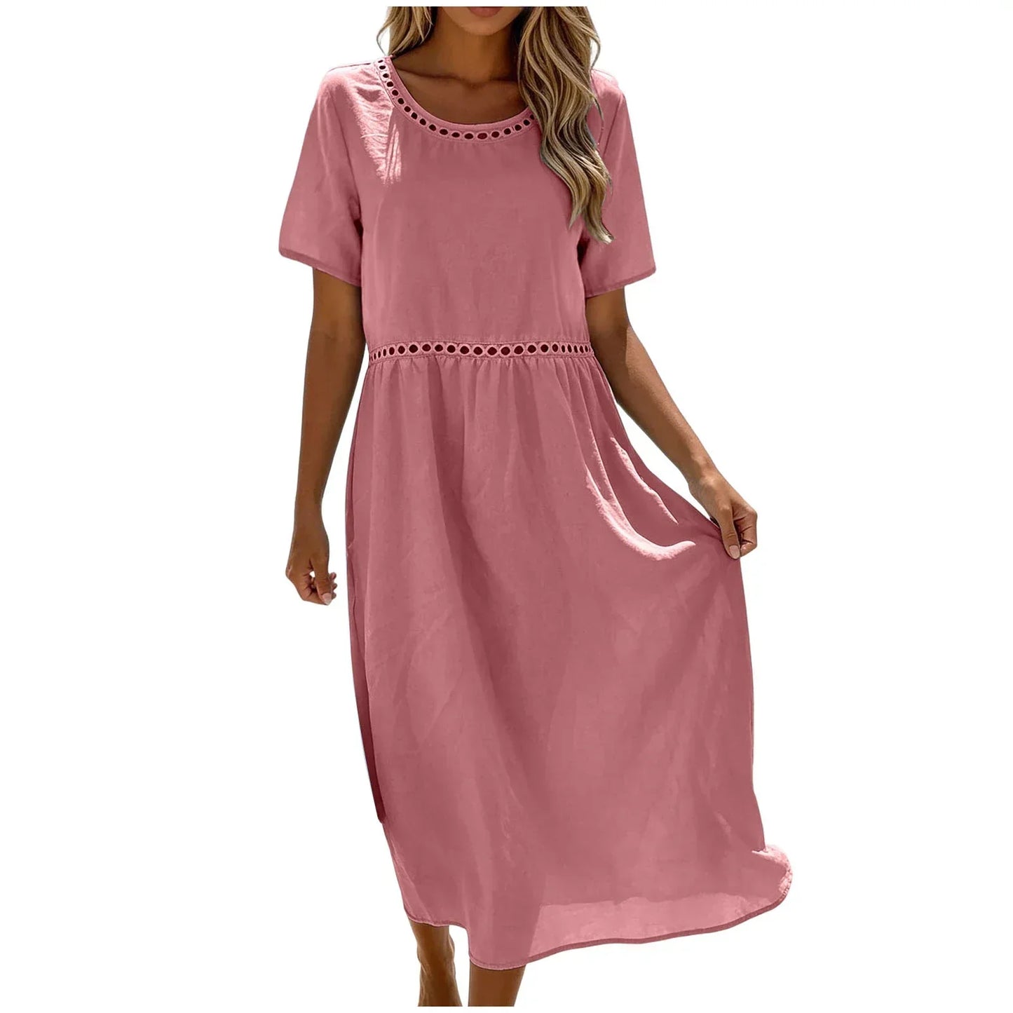 Vestido largo mujer algodón poliéster perforado verano casual
