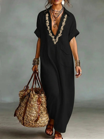 Vestido largo mujer efecto lino bordado con bolsillos boho