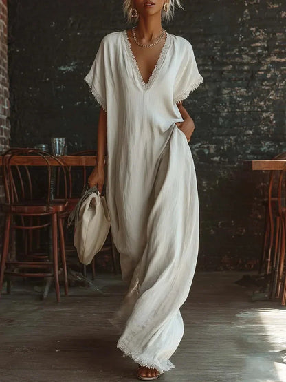 Vestido largo mujer con encaje y escote en V verano elegante