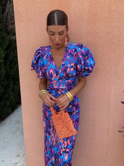 Vestido primavera mujer escote V con mangas abullonadas – estilo elegante femenino