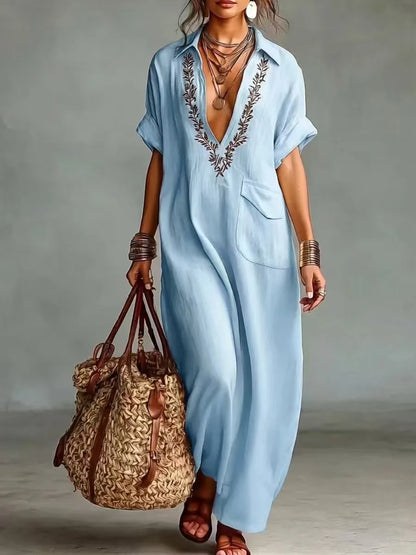 Vestido largo mujer efecto lino bordado con bolsillos boho
