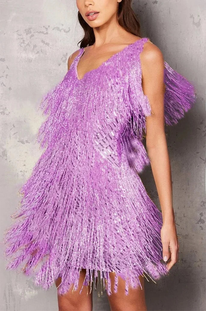 Isidora | Vestido de cóctel para mujer con flecos y plumas
