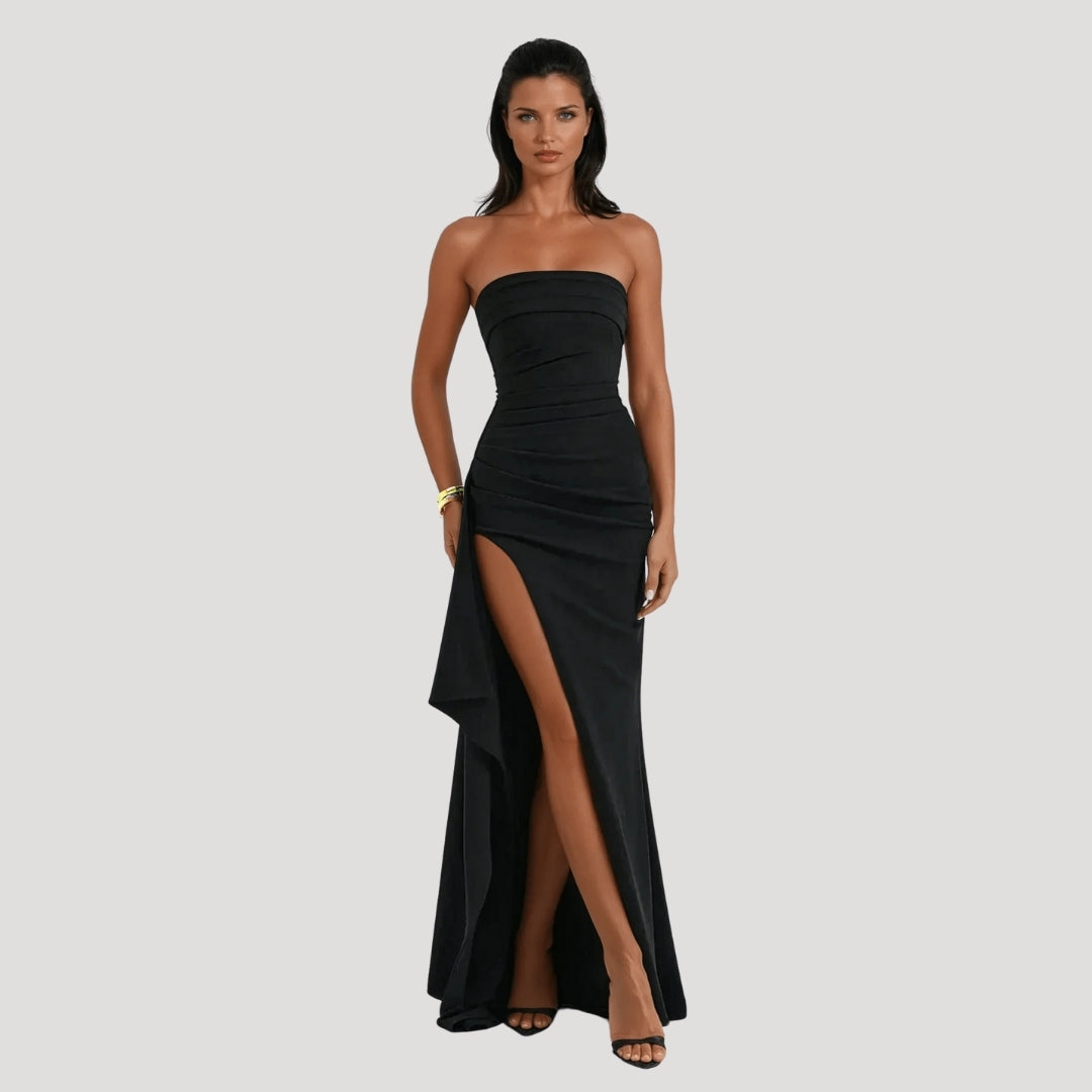 Jesica | Vestido maxi de invitada sin tirantes con abertura para mujer