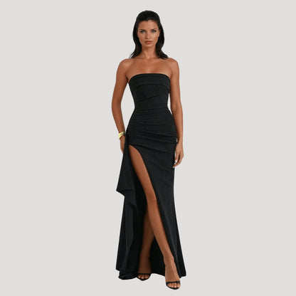 Jesica | Vestido maxi de invitada sin tirantes con abertura para mujer