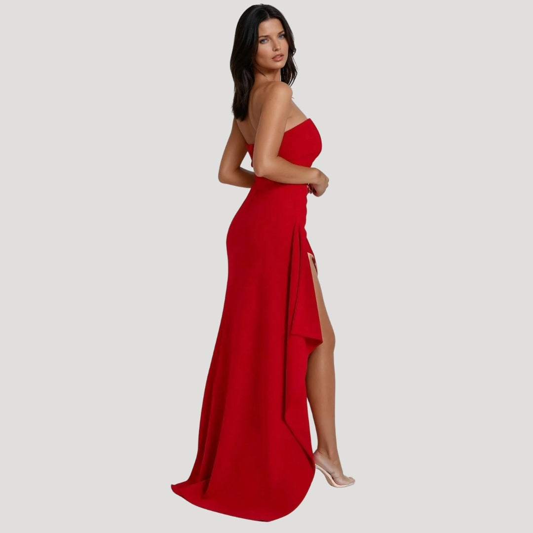 Jesica | Vestido maxi de invitada sin tirantes con abertura para mujer