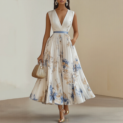 Rosella | Vestido Largo Plisado Floral con Escote en V