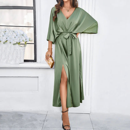 Esmeralda | Mujer vestido maxi con escote en V y abertura lateral suelto