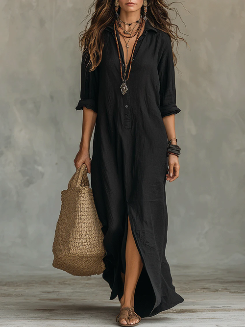 Vestido largo mujer fluido elegante con botones – vestido camisero ligero estilo atemporal