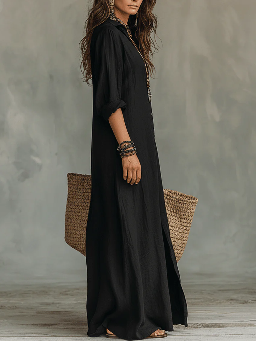Vestido largo mujer fluido elegante con botones – vestido camisero ligero estilo atemporal
