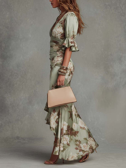 Vestido largo de satén para mujer con estampado floral y escote en V