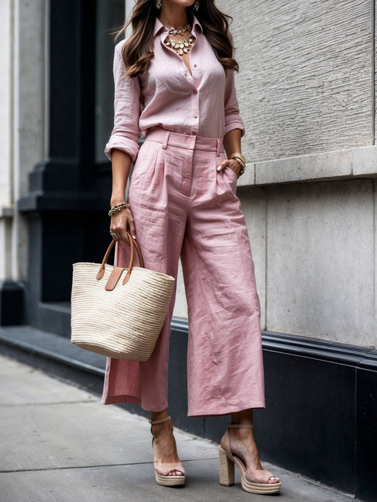 Conjunto de lino para mujer con blusa amplia y pantalón de pierna ancha