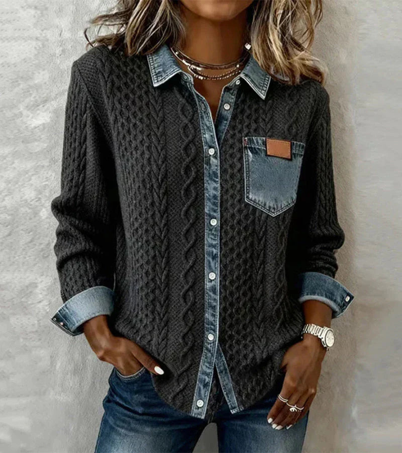 Top Mujer Tejido Con Detalles Denim – Estilo Casual Elegante y Cálido
