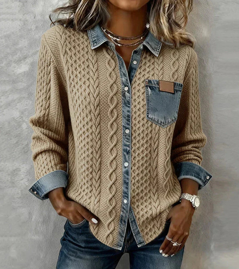 Top Mujer Tejido Con Detalles Denim – Estilo Casual Elegante y Cálido