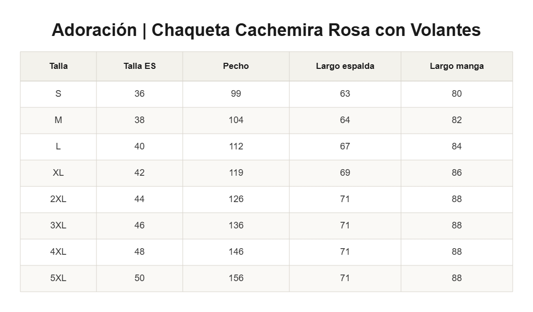 Adoración | Chaqueta Cachemira Rosa con Volantes — guía de tallas
