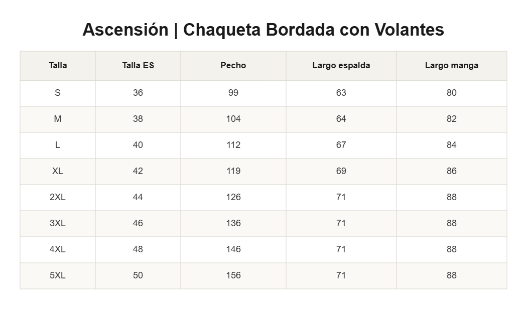 Ascensión | Chaqueta Bordada con Volantes — guía de tallas