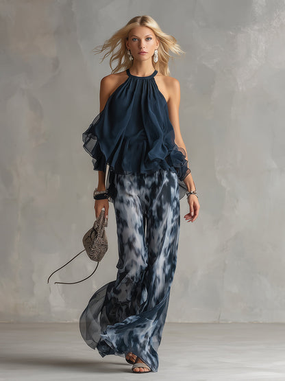 Conjunto dos piezas mujer chiffon top halter volantes pantalón ancho elegante
