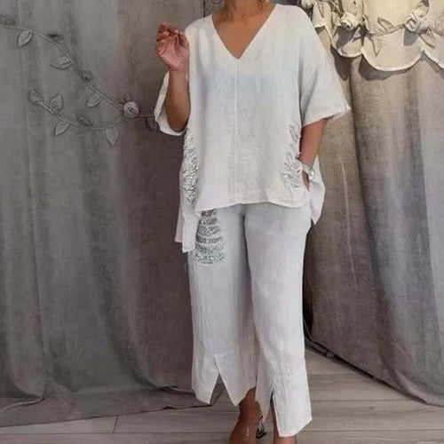 Conjunto mujer casual dos piezas escote V fluido