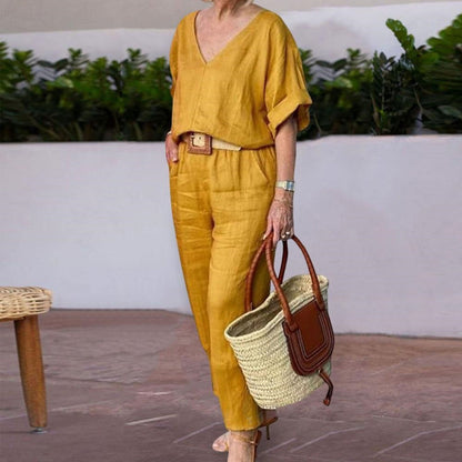 Conjunto mujer cuello V pantalón recto bolsillos casual chic