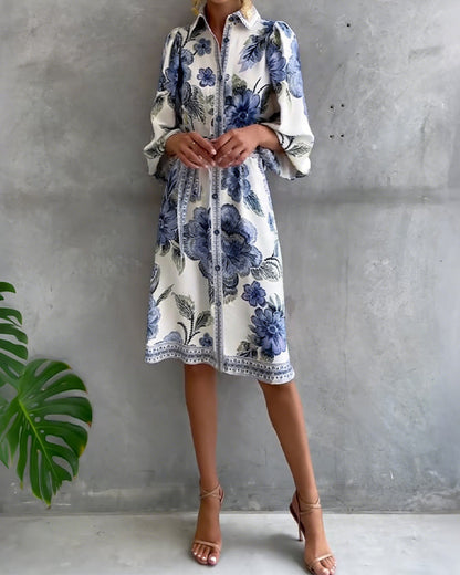 Vestido elegante de flores para mujer con mangas farol y botones