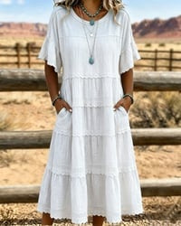 Vestido largo para mujeres de algodón y lino con volantes