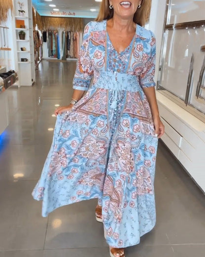 Vestido maxi para mujer con estampado bohemio y cintura ajustable