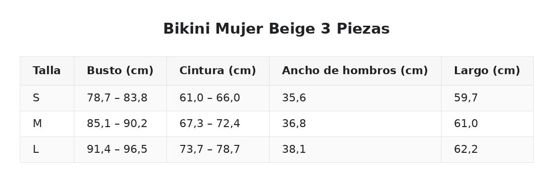 Bikini Mujer Beige 3 Piezas — guía de tallas