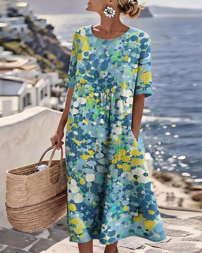 Vestido midi mujer algodón lino estampado flores abstractas bolsillos verano