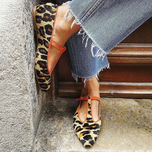 Beatriz | Bailarinas de Punta Afilada con T-Strap Mujer Estampado Leopardo