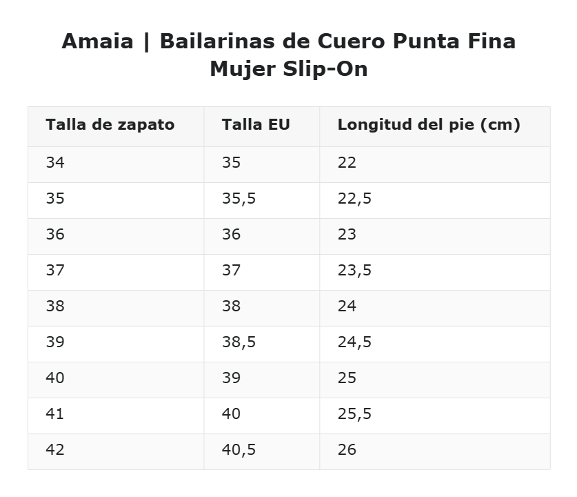 Amaia | Bailarinas de Cuero Punta Fina Mujer Slip-On — guía de tallas