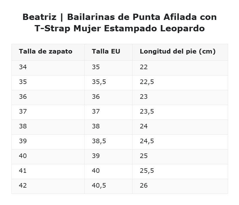 Beatriz | Bailarinas de Punta Afilada con T-Strap Mujer Estampado Leopardo — guía de tallas