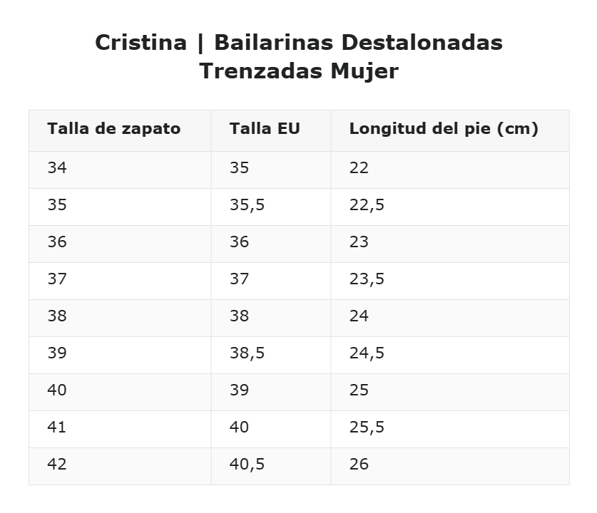 Cristina | Bailarinas Destalonadas Trenzadas Mujer — guía de tallas