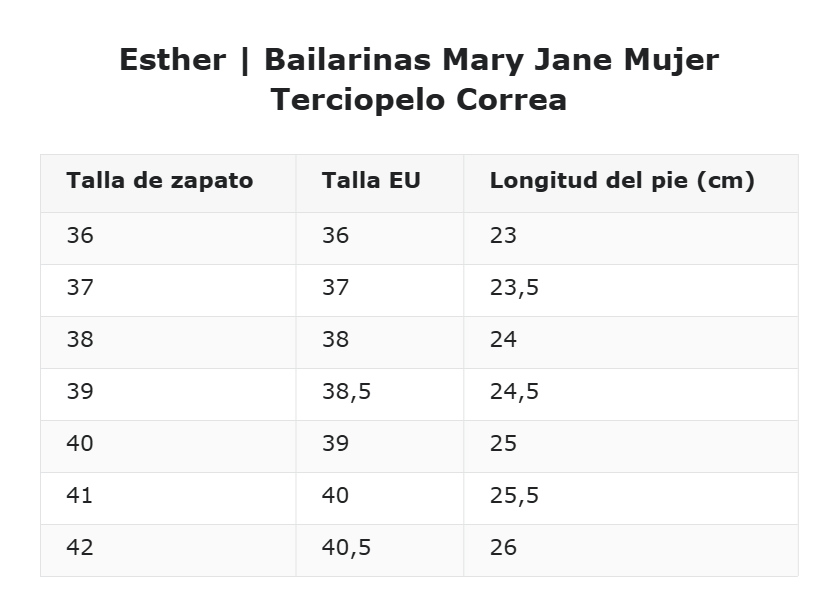 Esther | Bailarinas Mary Jane Mujer Terciopelo Correa — guía de tallas