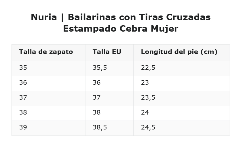 Nuria | Bailarinas con Tiras Cruzadas Estampado Cebra Mujer — guía de tallas