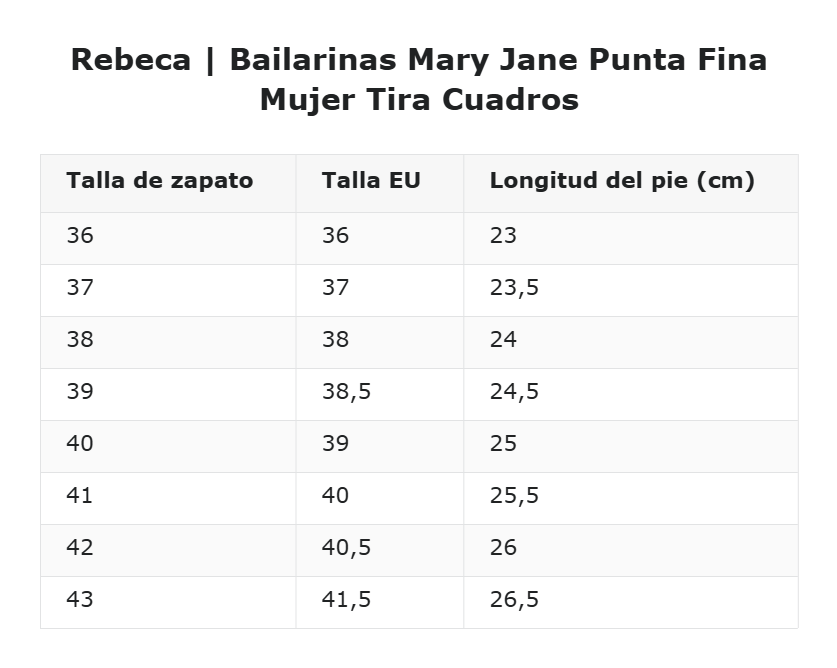 Rebeca | Bailarinas Mary Jane Punta Fina Mujer Tira Cuadros — guía de tallas