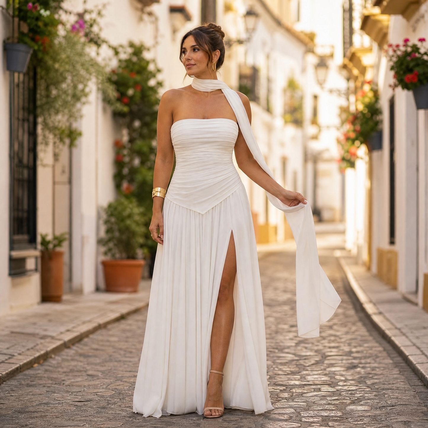 Ella | Vestido maxi asimétrico sin tirantes para mujer