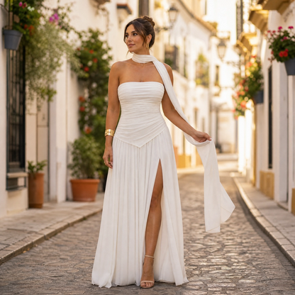 Ella | Vestido maxi asimétrico sin tirantes para mujer