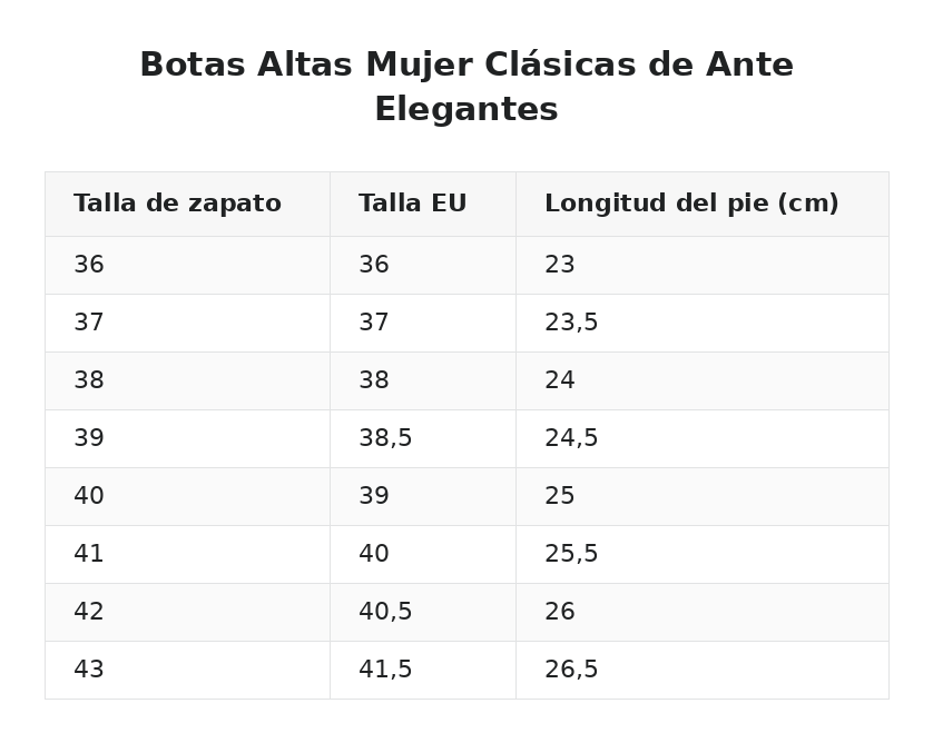 Botas Altas Mujer Clásicas de Ante Elegantes — guía de tallas
