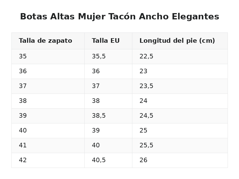 Botas Altas Mujer Tacón Ancho Elegantes — guía de tallas