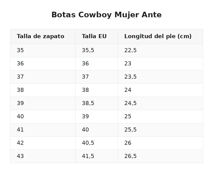 Botas Cowboy Mujer Ante — guía de tallas