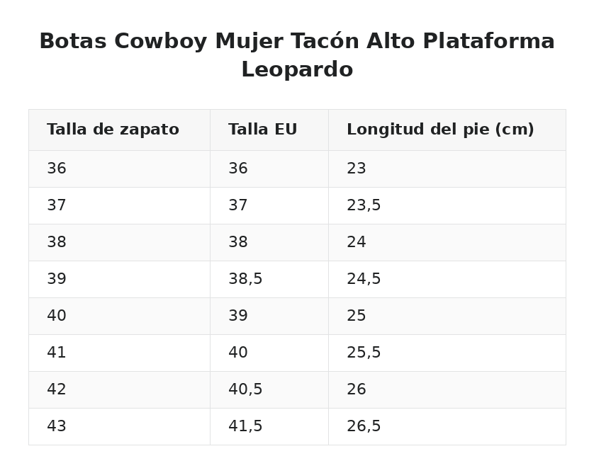 Botas Cowboy Mujer Tacón Alto Plataforma Leopardo — guía de tallas