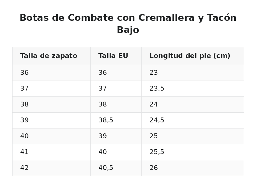 Botas de Combate con Cremallera y Tacón Bajo — guía de tallas