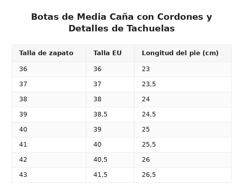 Botas de Media Caña con Cordones y Detalles de Tachuelas — guía de tallas