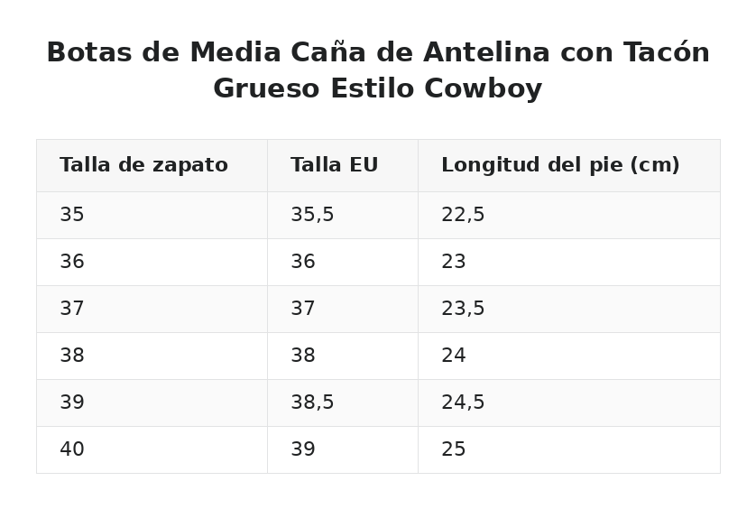 Botas de Media Caña de Antelina con Tacón Grueso Estilo Cowboy — guía de tallas