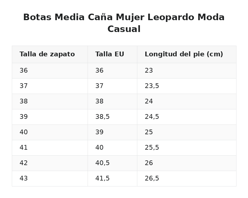 Botas Media Caña Mujer Leopardo Moda Casual — guía de tallas