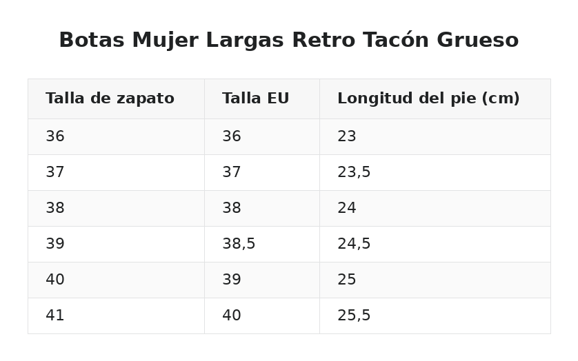 Botas Mujer Largas Retro Tacón Grueso — guía de tallas
