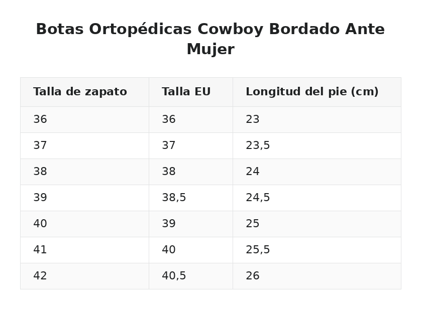 Botas Ortopédicas Cowboy Bordado Ante Mujer — guía de tallas