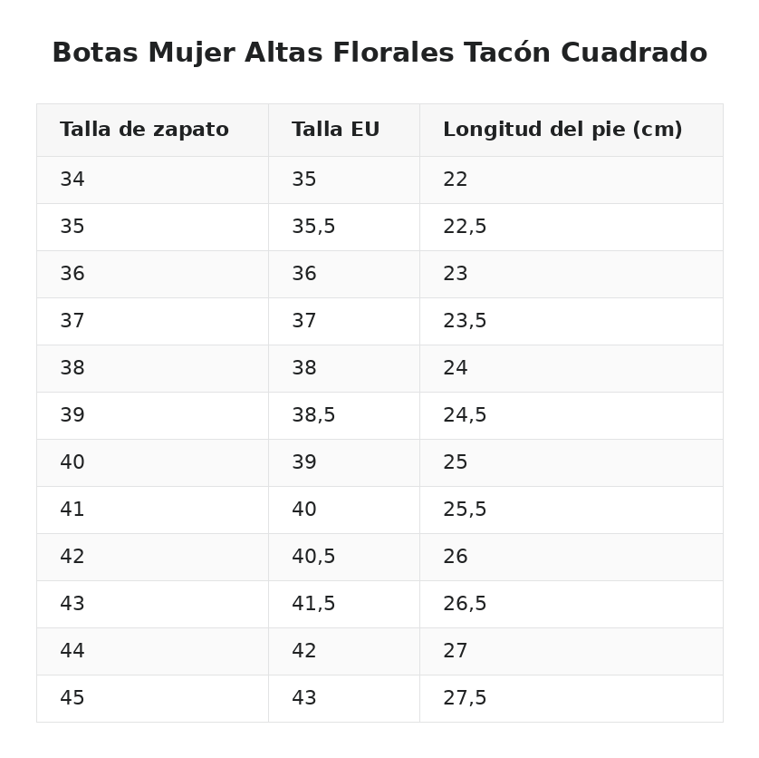 Botas Mujer Altas Florales Tacón Cuadrado — guía de tallas