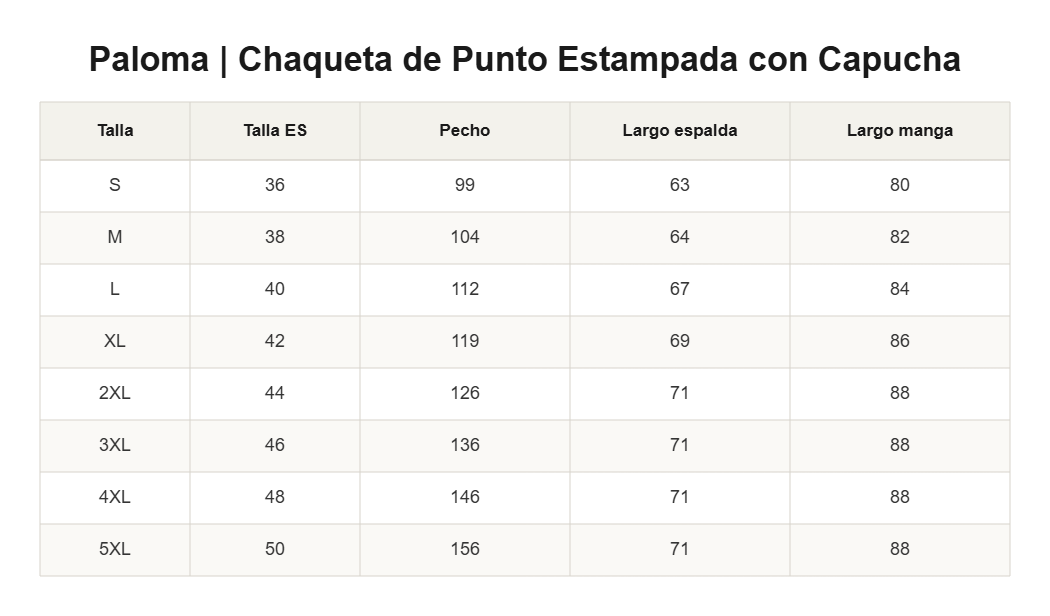 Paloma | Chaqueta de Punto Estampada con Capucha — guía de tallas