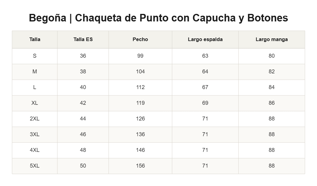 Begoña | Chaqueta de Punto con Capucha y Botones — guía de tallas